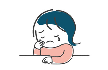 手描き　テーブルの上で悲しくて涙を流す女性のイラスト