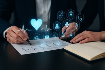 AI generated futuristic medical scene showing professionals reviewing health documents with glowing holographic icons representing diagnosis treatment monitoring modern digital healthcare innovation