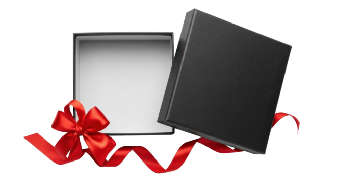 An open black gift box with a red ribbon and a red bow, placed on a white surface. - Powered by Adobe