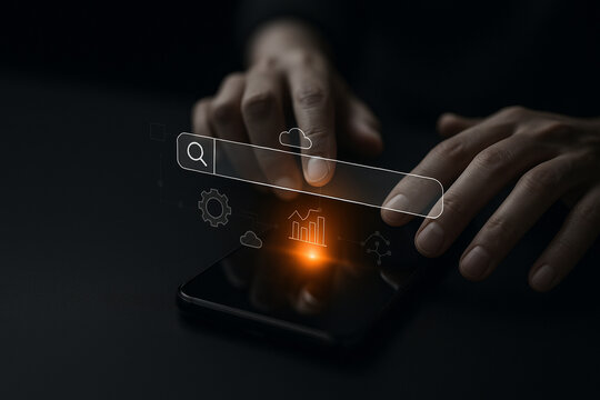 AI generated scene a hand activating a holographic search bar above a smartphone with glowing orange touchpoint and floating digital icons representing automation cloud analytics and connectivity