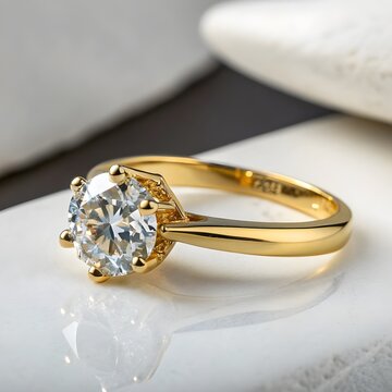 24K Gold Engagement Ring with Brilliant Diamond and Ultra-Clear Reflections in Luxury Macro Photography
