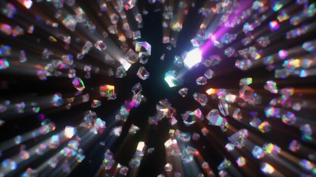 A luxurious explosion of countless sparkling diamonds falling through brilliant light rays against a dark, abstract background