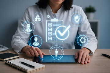 AI generated digital healthcare safety system with holographic compliance icons floating above a tablet showing security quality control and patient protection concepts