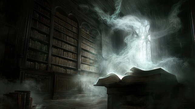 An open book on a table in a dark library, emitting bright light and surrounded by ethereal mist. The scene evokes a sense of mystery and magic.