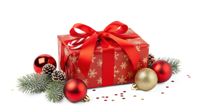 A red gift box with a red ribbon and snowflake patterns, surrounded by red and gold ornaments and pine cones, on a white background with a few scattered red and gold confetti.
