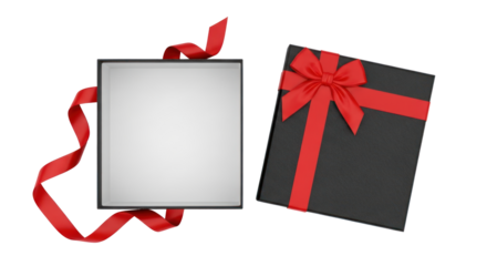 An open black gift box with a red ribbon and a white interior.