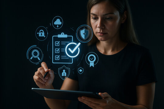AI generated woman using a digital tablet with glowing hologram icons representing cybersecurity data protection and system compliance in a clean modern tech environment