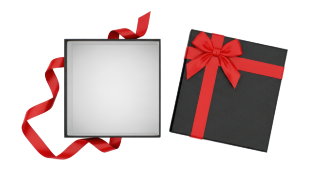 An open black gift box with a red ribbon and a white interior.