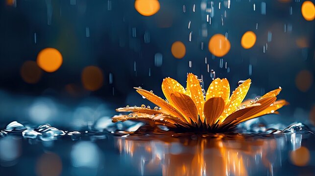 A close-up shot of an orange flower floating in water, with raindrops falling and a blurred bokeh background.