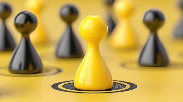 Unique yellow pawn surrounded by black pawns illustrating institutional support zones and levels for major financial players