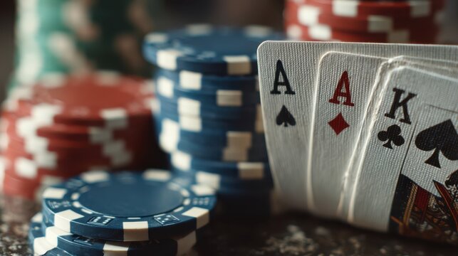 A close-up of poker chips and playing cards, featuring two aces, symbolizing gambling and strategy in a casino setting.