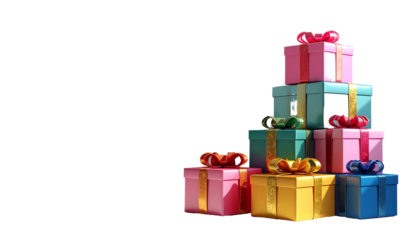 Stack of brightly colored gift boxes with gold and purple ribbons, placed on a clean white surface with natural shadows. s