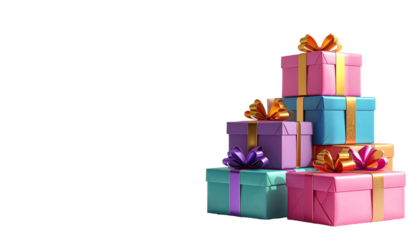 colorful gift boxes The minimalist white background provides ample copy space for text or additional design elements. Perfect for Ramadan, Eid marketing materials, celebrations or general giveaways.