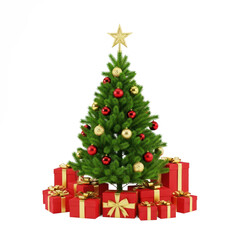 A beautifully decorated Christmas tree with red and gold ornaments and a star on top, surrounded by red gift boxes with gold ribbons and bows.