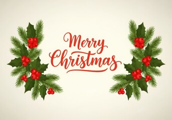 Merry christmas holiday greeting card design with festive fir branches, holly leaves, and red berries
