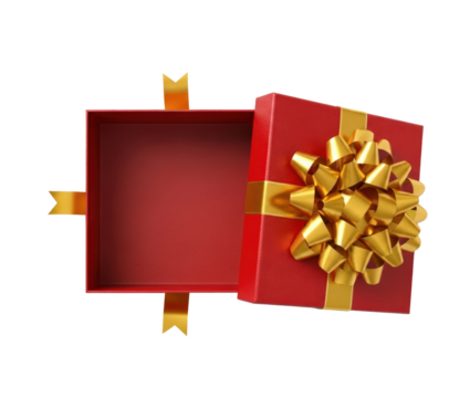 An open red gift box with a gold ribbon and bow, featuring a white background.