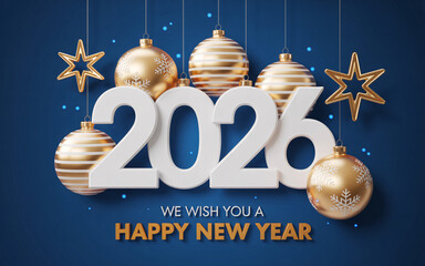 New year greeting card with white numbers and golden decorations on a blue background for year twenty twenty six