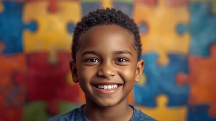 Smiling Boy with Puzzle-Themed Background – Autism Awareness Celebration - Powered by Adobe