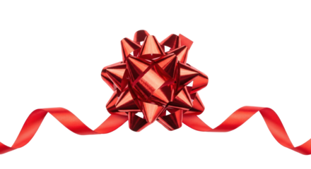 A red ribbon bow with a red ribbon trailing down on a white background.
