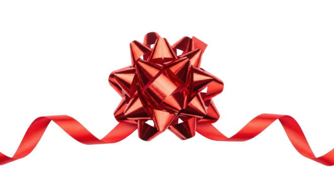 A red ribbon bow with a red ribbon trailing down on a white background.