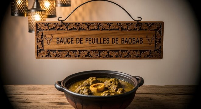 Pot of Sauce de Feuilles de Baobab with Beef Shank &ndash; Iroko Wood 'SAUCE DE FEUILLES DE BAOBAB' Sign Framed by Baobab Leaf & Cattle Head Motifs