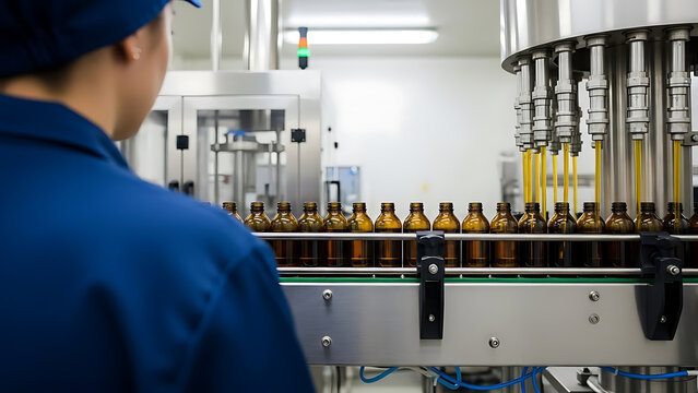 Worker monitors automated bottle filling on a production line in a clean manufacturing facility