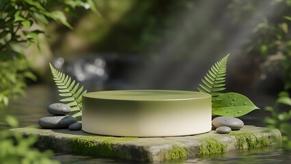 Elevate your brand with this stunning natural stone podium for product displays in lush serene zen garden