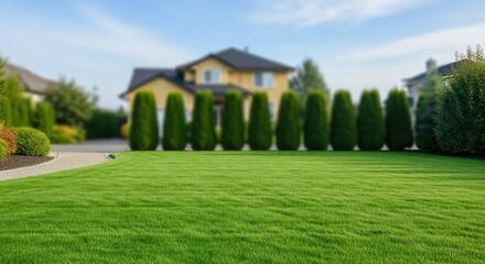 Naklejka premium A well-maintained lawn with neatly trimmed grass and a row of evergreen trees in front of a house.