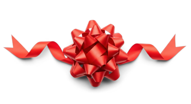 A red ribbon bow with a red ribbon trailing off to the side. - Powered by Adobe