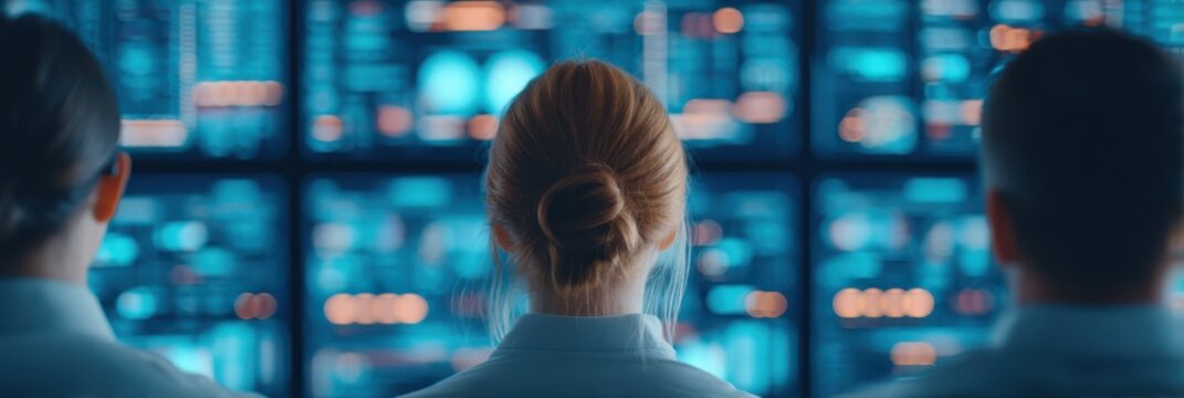 Professionals analyze data in front of illuminated screens displaying complex information, showcasing a high-tech environment.