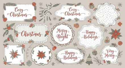 Hand drawn christmas and happy holidays vector design collection with festive frames, winter plants, and greetings.