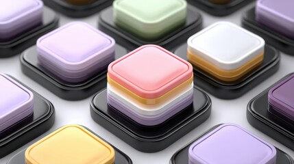 Colorful buttons arranged in a portfolio allocation grid illustrating layered geometric shapes and visual data representation