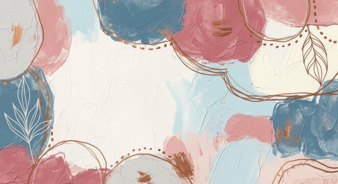 Abstract painting with pink, blue, and white colors, featuring floral and geometric shapes.