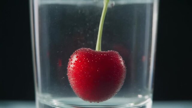 A single red cherry with a green stem submerged in clear water inside a transparent glass, creating small bubbles.