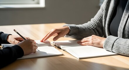 Teacher's hand guides student writing in notebook for educational support and collaborative learning concept on a desk with bright sunlight