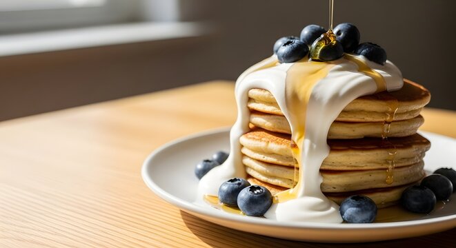 Stacked vegan pancakes with fresh blueberries and coconut cream, golden maple syrup pouring over on a bright wooden table for a wholesome breakfast concept.
