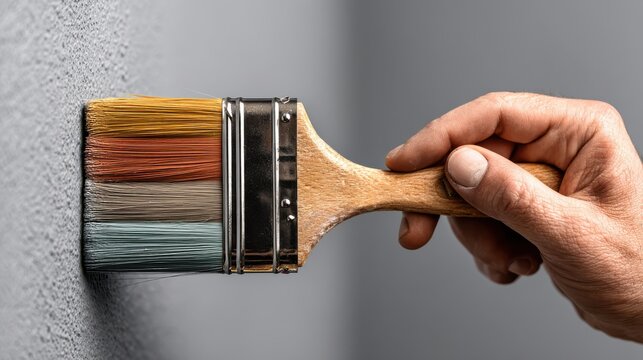 A hand holds a paintbrush with colorful bristles, applying paint to a textured wall, showcasing a creative and artistic home improvement project.