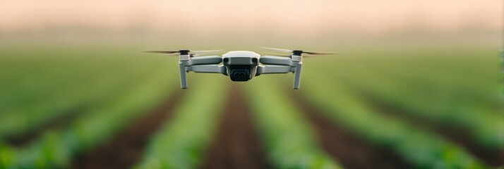 A drone hovers over a lush green field, showcasing modern technology in agriculture amidst a blurred scenic background.