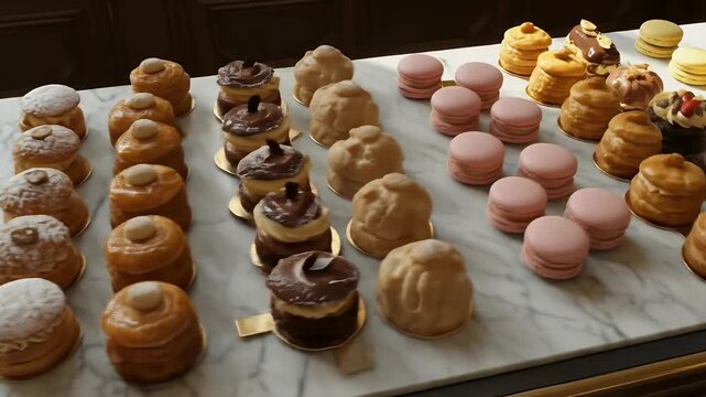 Assorted French Pastries and Macarons on Marble Display