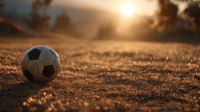 A close-up of a soccer ball resting on dewy grass with a warm sunset glow in the background, creating an inviting outdoor sports atmosphere.