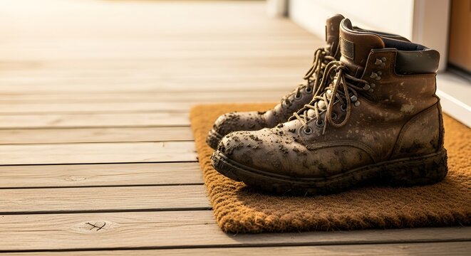 Dirty leather work boots resting on a coir doormat on a wooden porch deck in warm evening light for a hard work and homecoming concept with copy space