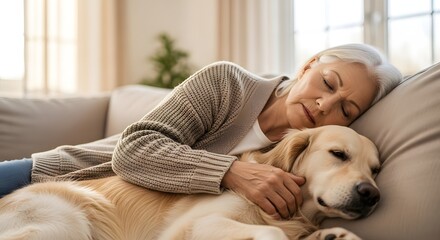 Elderly woman sleeping peacefully with her golden retriever dog on a cozy sofa at home for companionship concept and serene relaxation