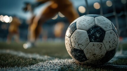 A close-up of a worn soccer ball with blurred players in the background, set on grass in a stadium, capturing the essence of the game.