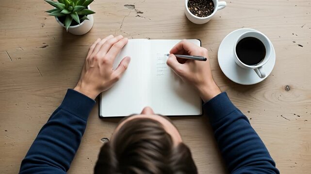 Overhead shot of a person writing in a notebook at a wooden desk with coffee and plants.