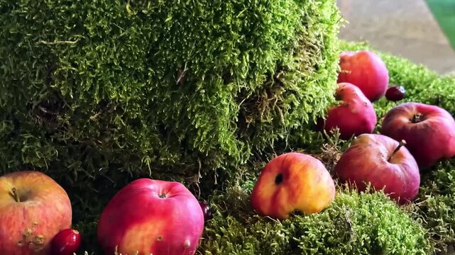 Fresh red and yellow apples resting on vibrant green moss in a rustic display