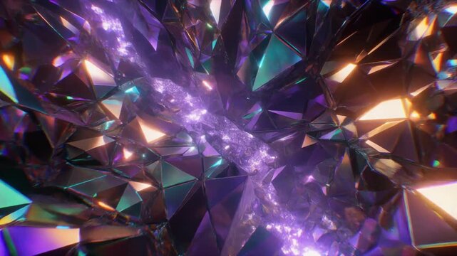 Abstract alien canyon splitting into chromatic violet and teal fissures. Futuristic crystalline sci-fi landscape with volumetric glow.