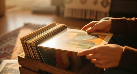 Person's hands sorting through vintage vinyl records in a wooden crate with warm sunbeams for a music hobby concept and nostalgic home leisure