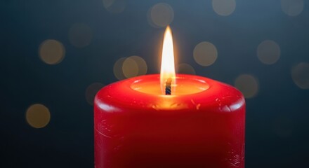 Vibrant red pillar candle with a bright, warm flame set against a beautiful backdrop of soft, shimmering bokeh lights.