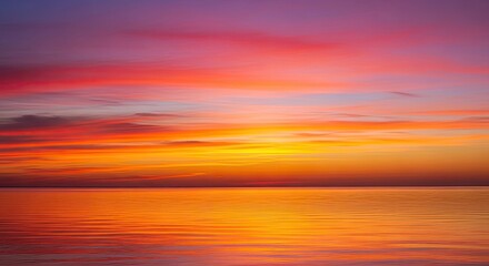 A vibrant sunset over the ocean with a calm, reflective surface.