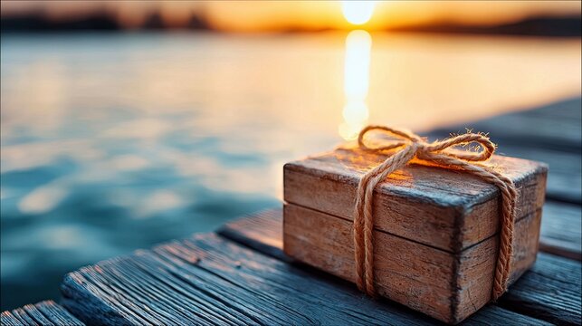 A wooden box tied with rope sits on a wooden dock with the sun setting over the water in the background.